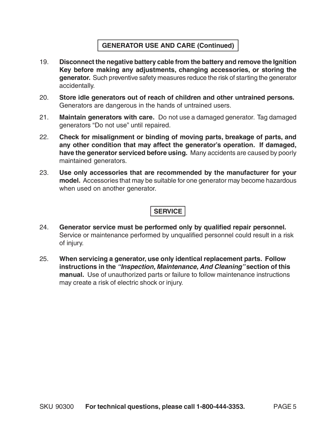 Chicago Electric 90300 manual Generator USE and Care, Service 