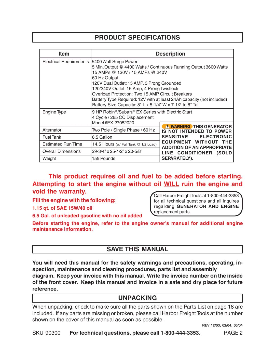 Chicago Electric 90300 manual Product Specifications, Save this Manual, Unpacking, Description 