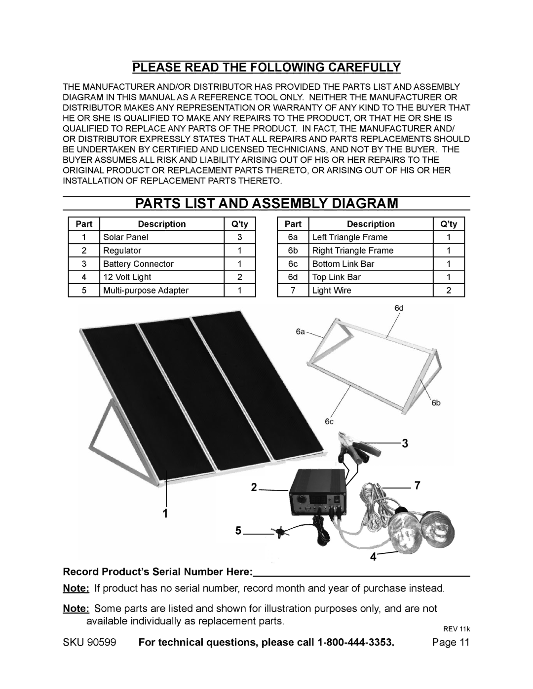 Chicago Electric 90599 manual Parts List and Assembly Diagram, Record Product’s Serial Number Here 