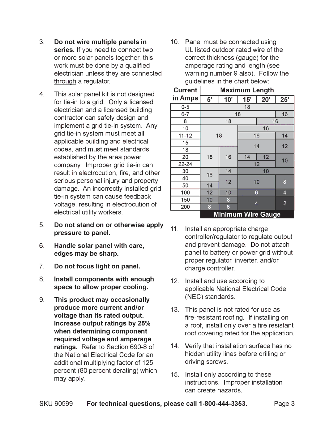 Chicago Electric 90599 manual Current Maximum Length Amps, Minimum Wire Gauge 