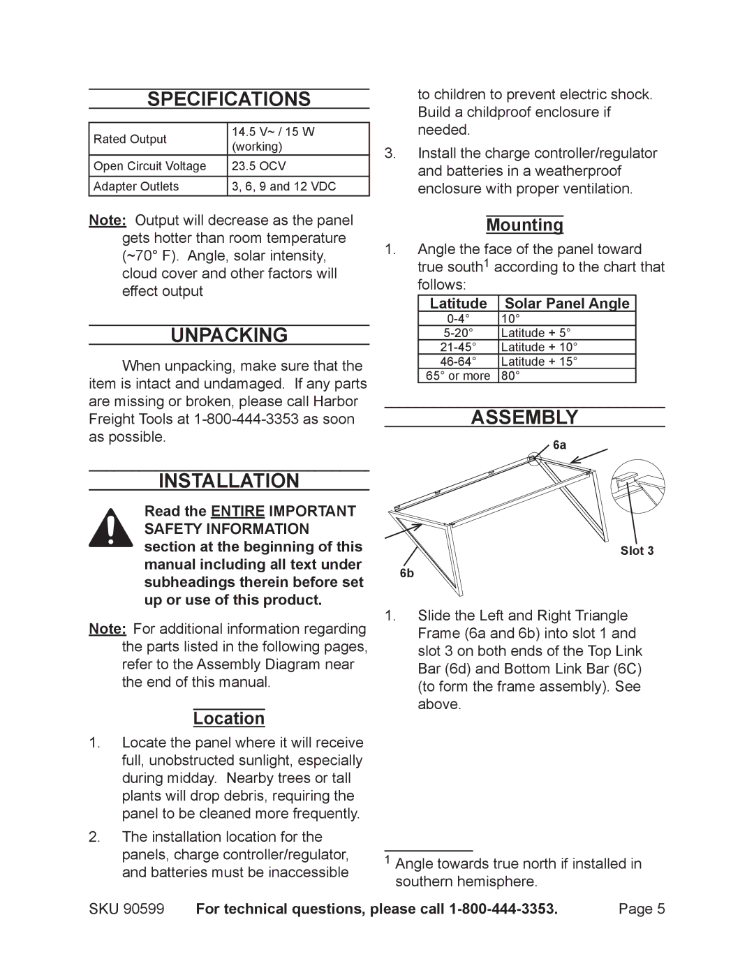 Chicago Electric 90599 manual Specifications, Unpacking, Assembly Installation, Mounting, Location 