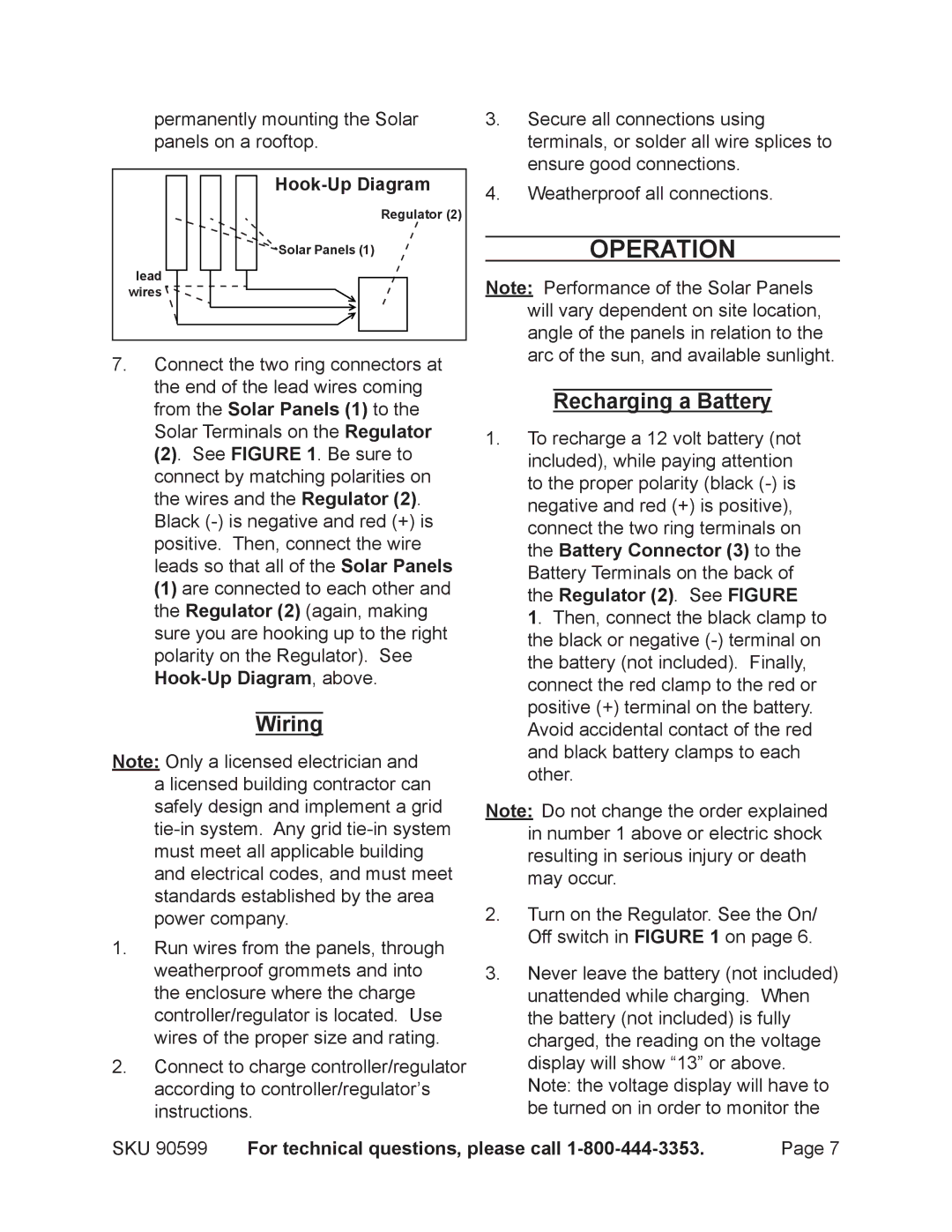 Chicago Electric 90599 manual Operation, Wiring, Recharging a Battery, Hook-Up Diagram 