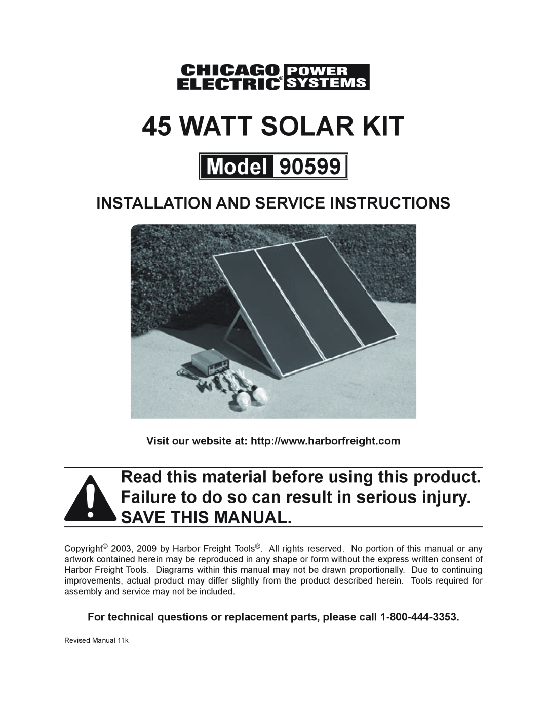Chicago Electric 90599 manual Watt Solar Kit, Model, Installation and service Instructions 