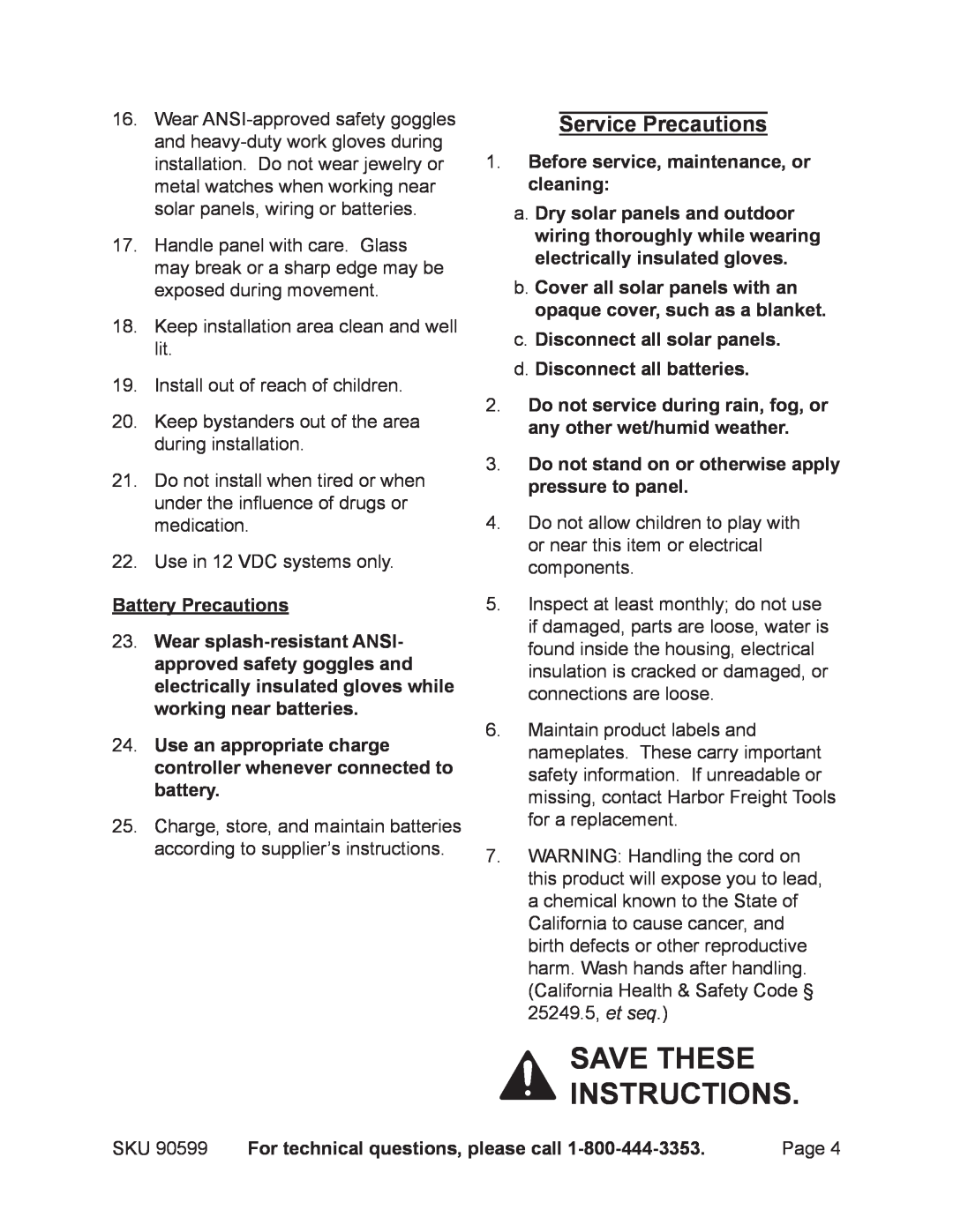 Chicago Electric 90599 manual Save these instructions, Service Precautions 