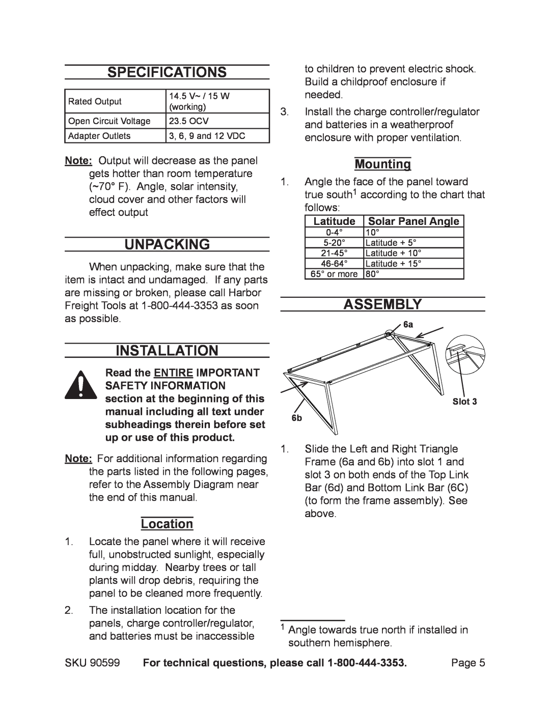 Chicago Electric 90599 manual Specifications, Unpacking, Assembly, Installation, Mounting, Location 