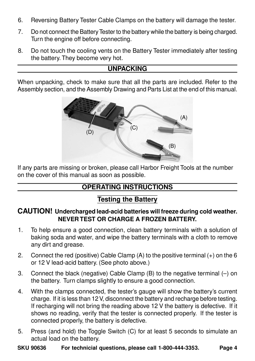 Chicago Electric 90636 operating instructions Unpacking, Operating Instructions, Testing the Battery 