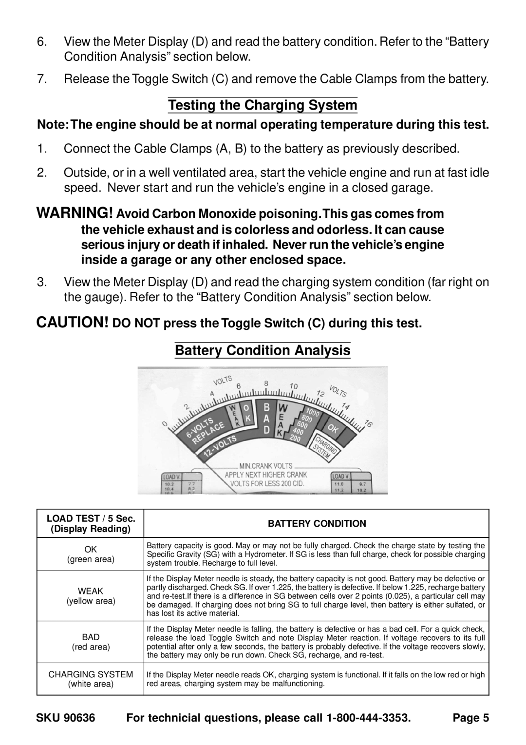 Chicago Electric 90636 operating instructions Testing the Charging System, Battery Condition Analysis 