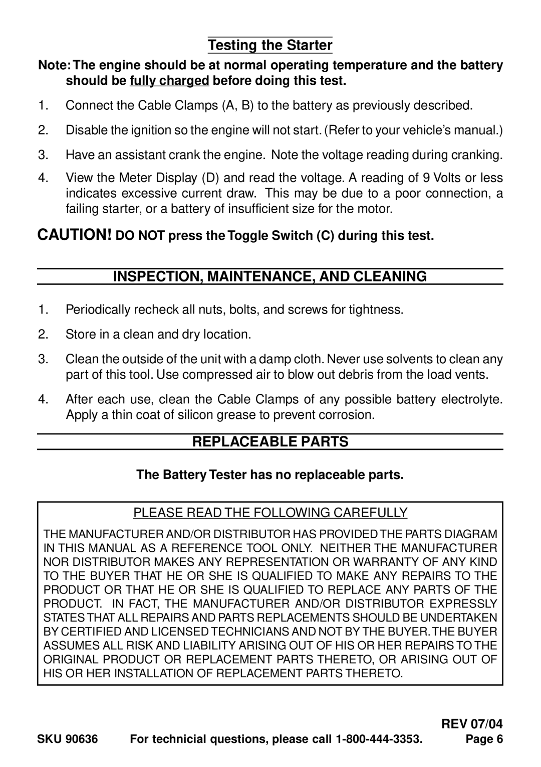 Chicago Electric 90636 Testing the Starter, INSPECTION, MAINTENANCE, and Cleaning, Replaceable Parts, REV 07/04 