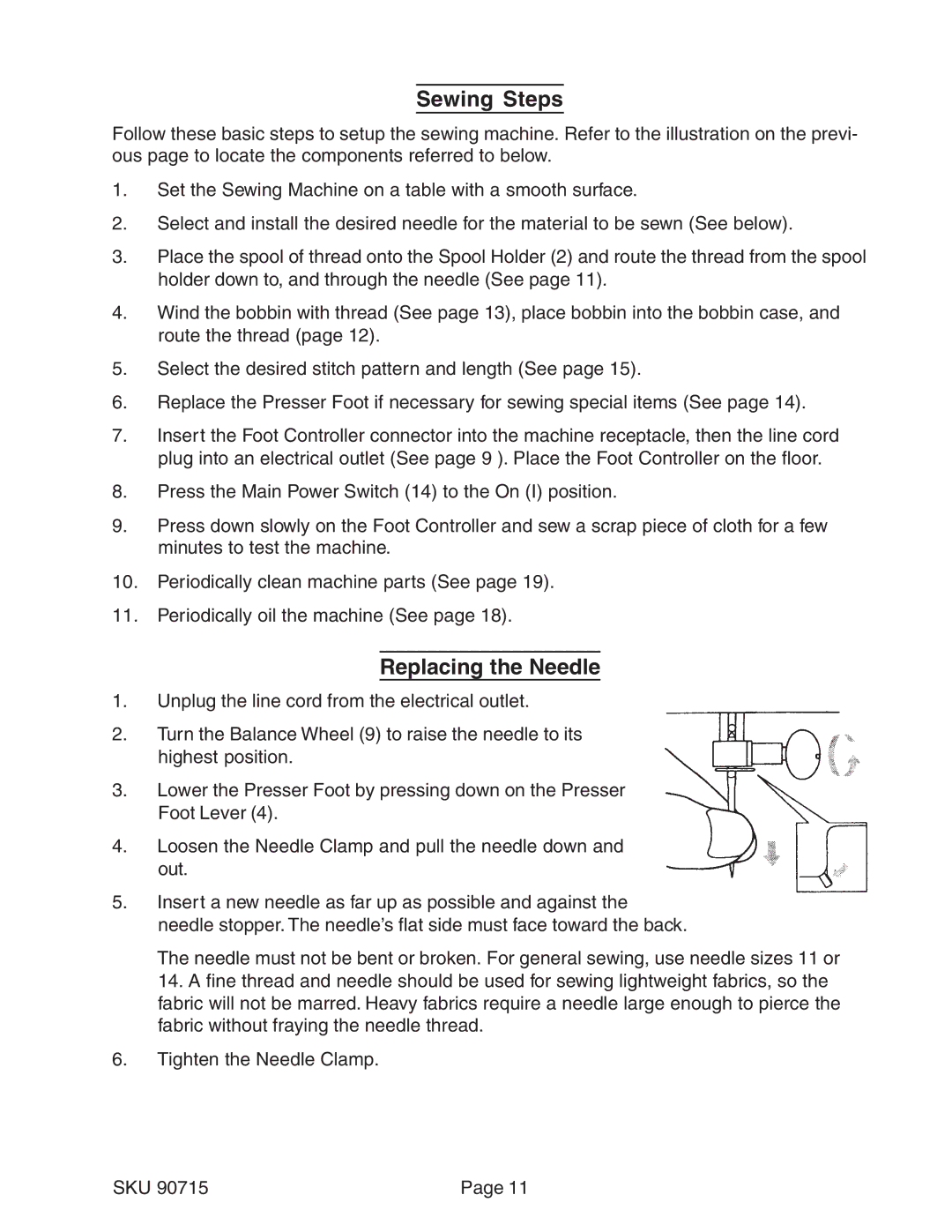 Chicago Electric 90715 manual Sewing Steps, Replacing the Needle 