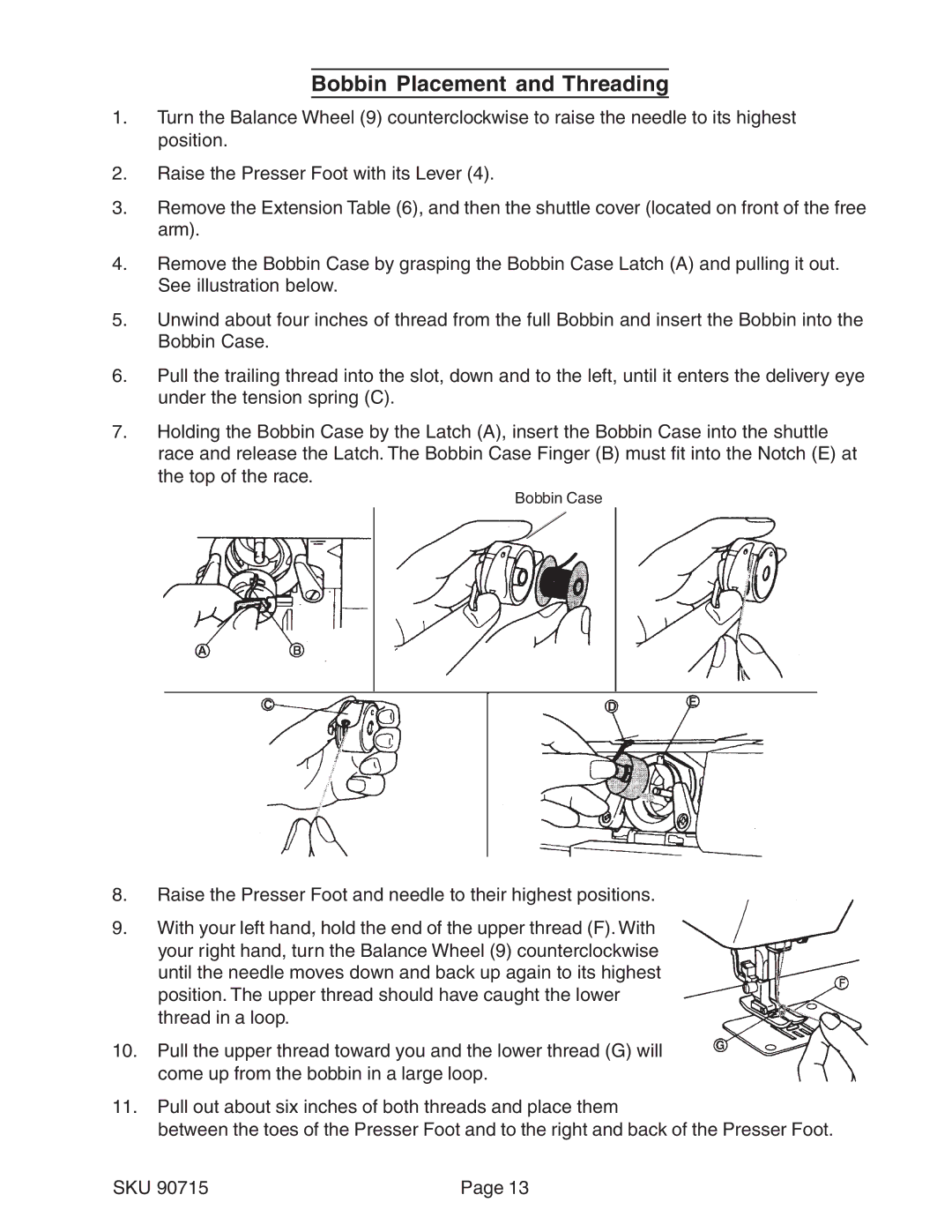 Chicago Electric 90715 manual Bobbin Placement and Threading 