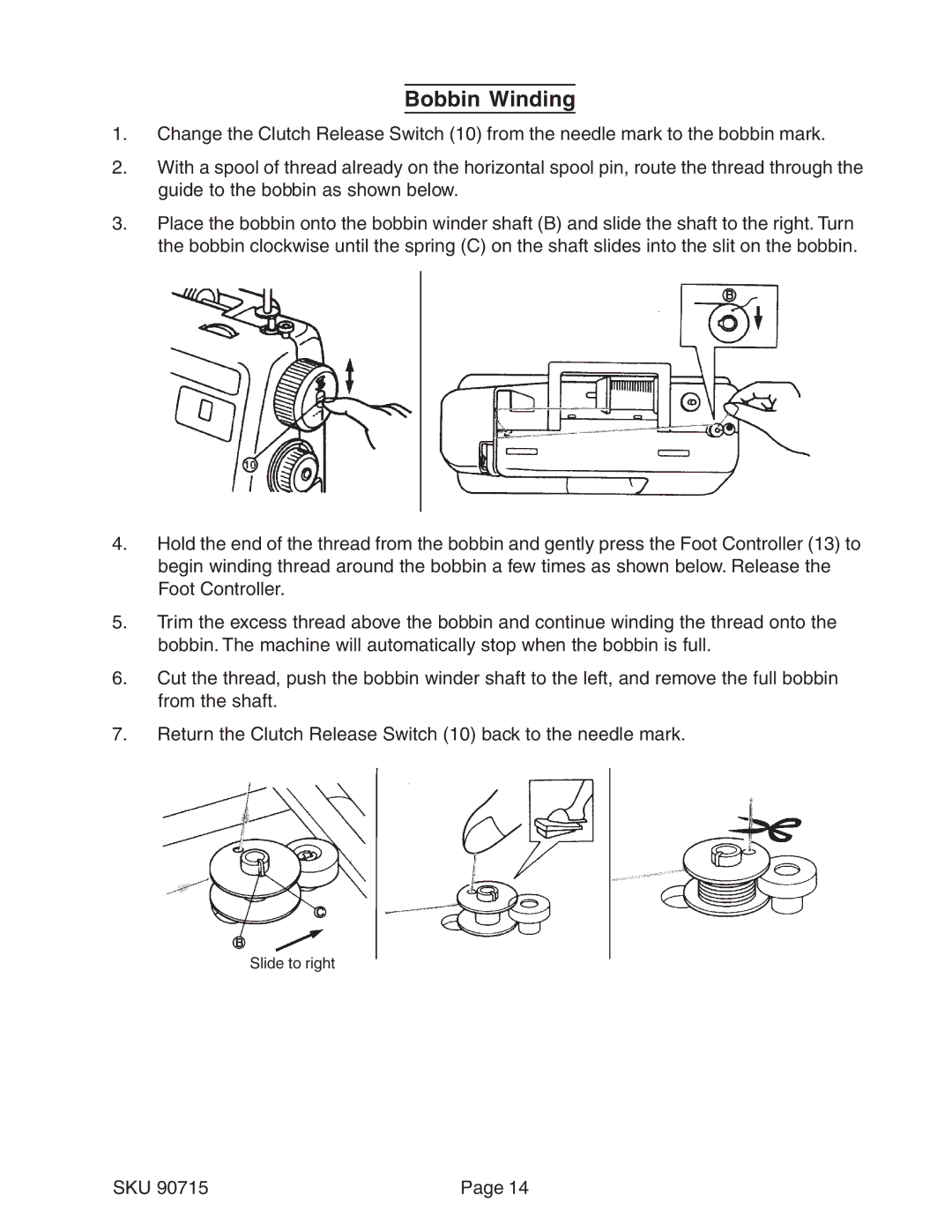 Chicago Electric 90715 manual Bobbin Winding 