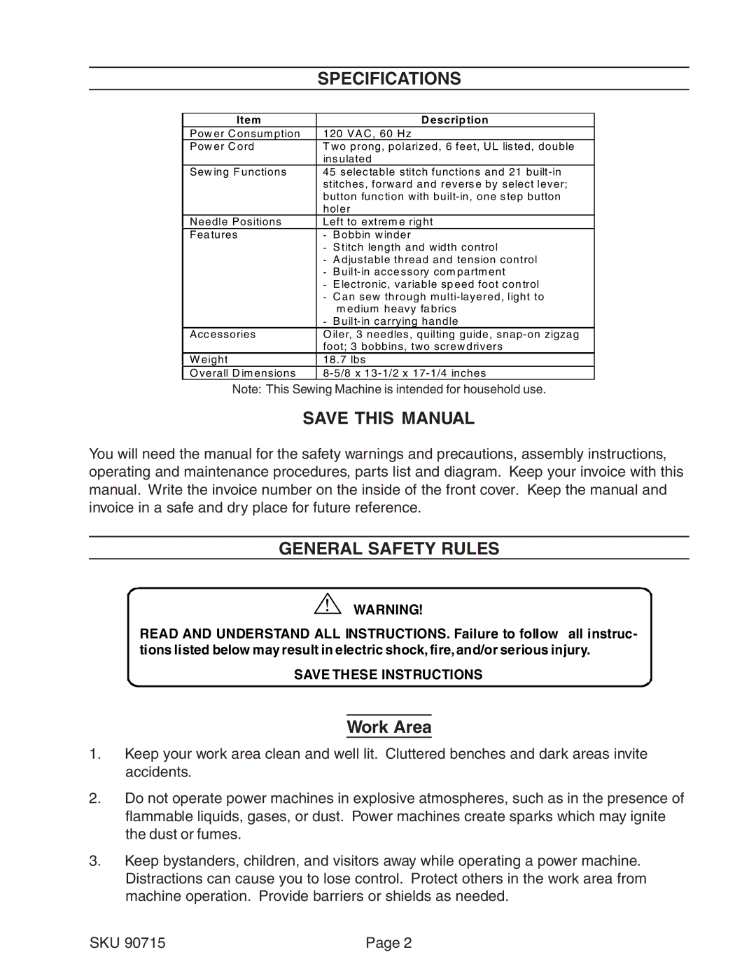 Chicago Electric 90715 manual Specifications, Save this Manual, General Safety Rules, Work Area 