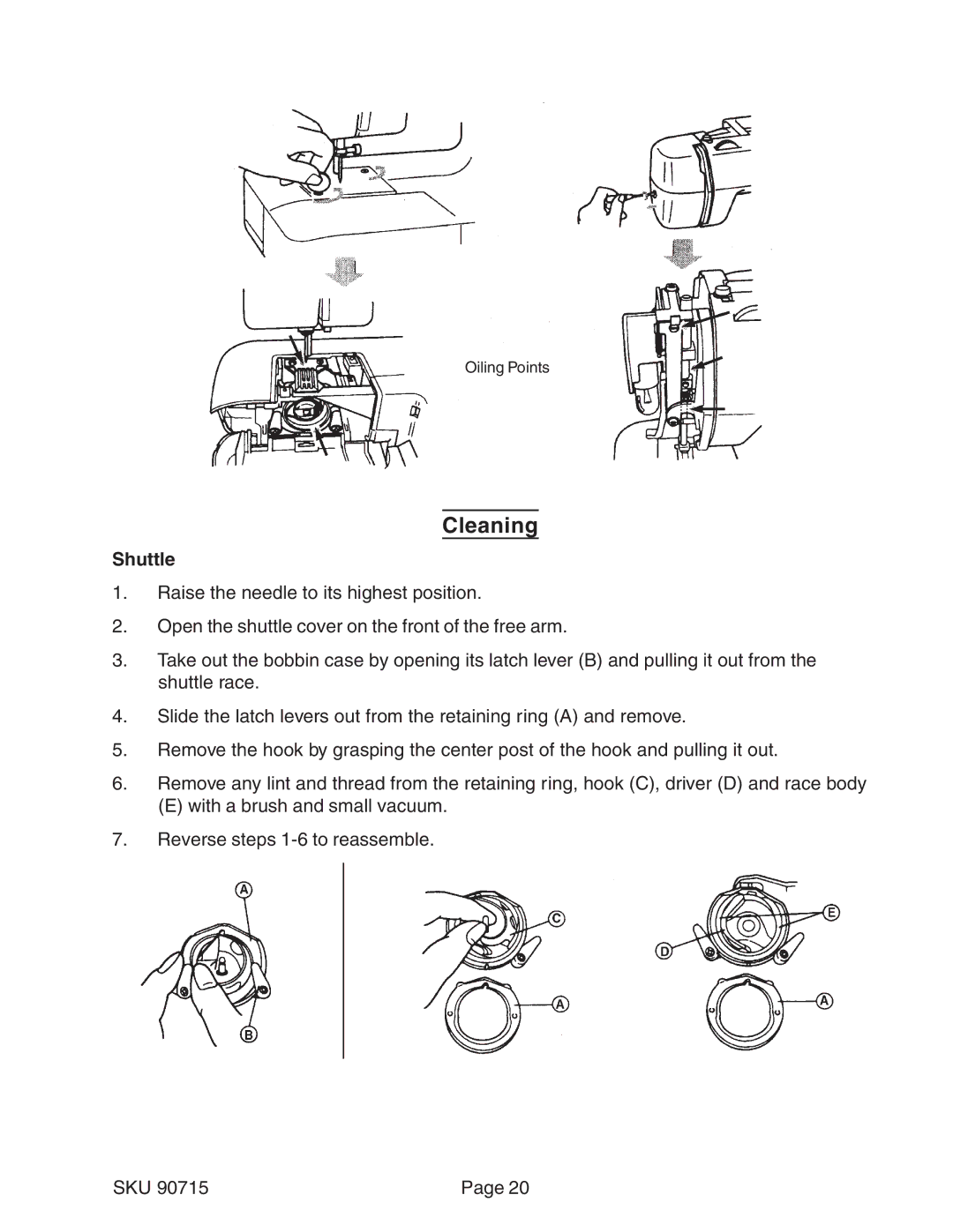 Chicago Electric 90715 manual Cleaning, Shuttle 