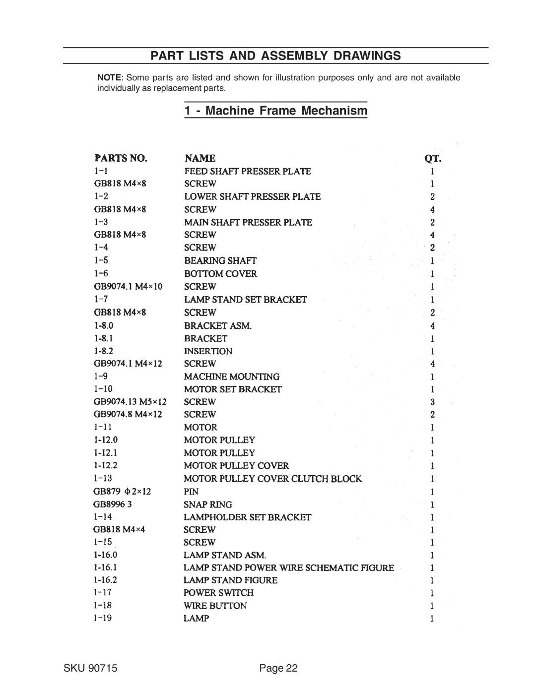 Chicago Electric 90715 manual Part Lists and Assembly Drawings, Machine Frame Mechanism 