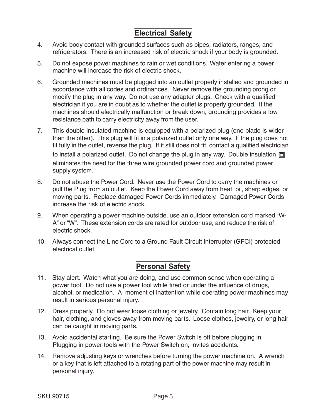 Chicago Electric 90715 manual Electrical Safety, Personal Safety 