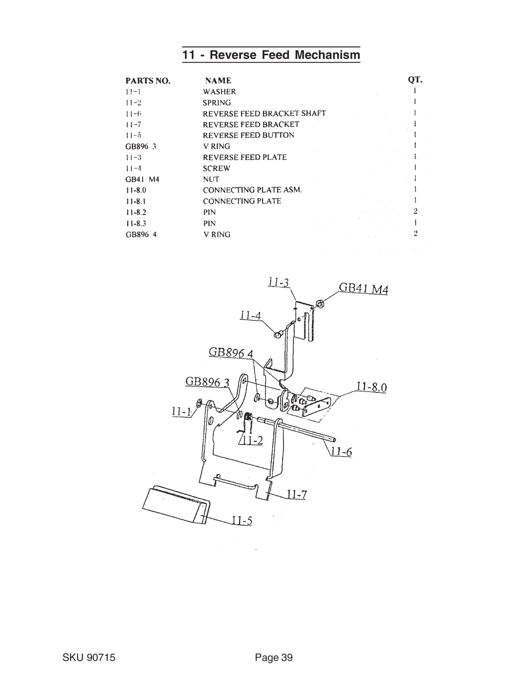 Chicago Electric 90715 manual Reverse Feed Mechanism 