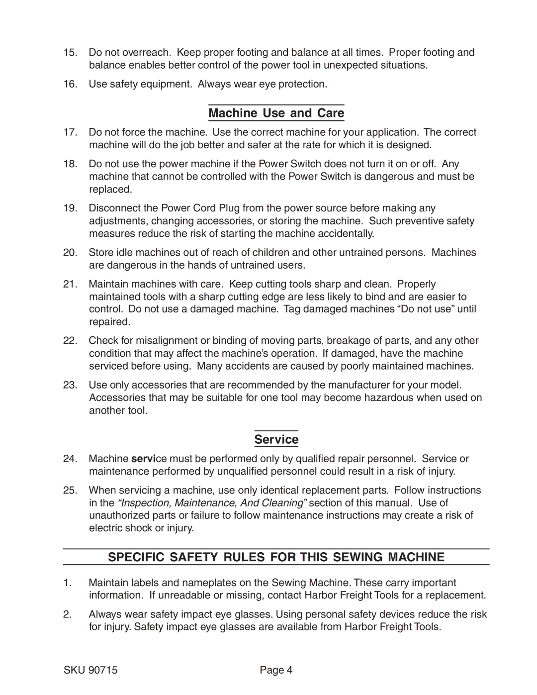 Chicago Electric 90715 manual Machine Use and Care, Service, Specific Safety Rules for this Sewing Machine 