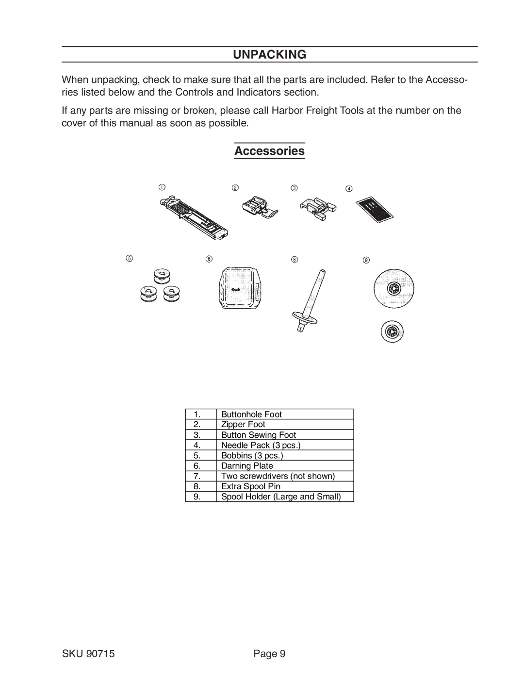 Chicago Electric 90715 manual Unpacking, Accessories 