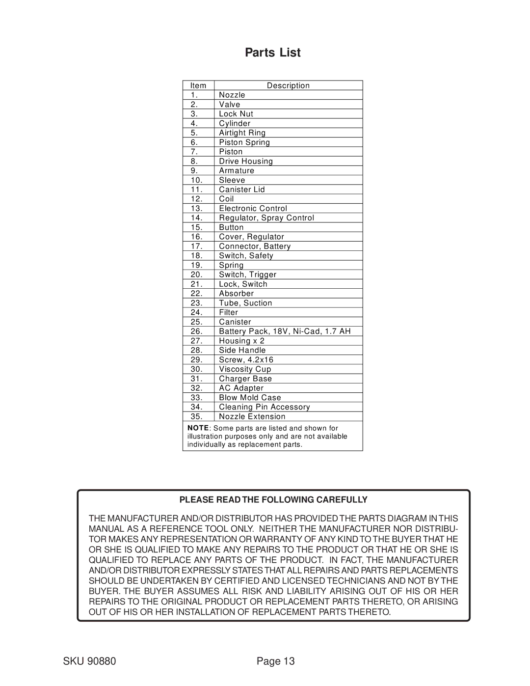 Chicago Electric 90880 operating instructions Parts List, Please Read the Following Carefully 