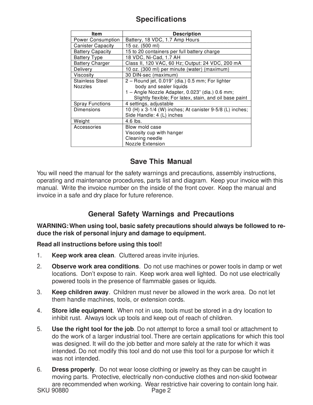 Chicago Electric 90880 operating instructions Specifications, Save This Manual, General Safety Warnings and Precautions 