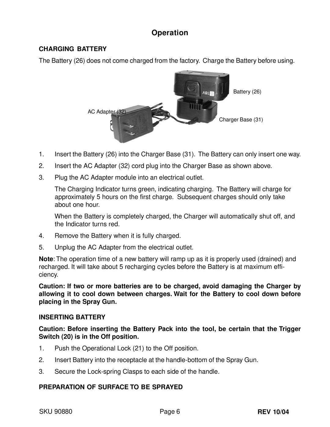 Chicago Electric 90880 Operation, Charging Battery, Inserting Battery, Preparation of Surface to be Sprayed 