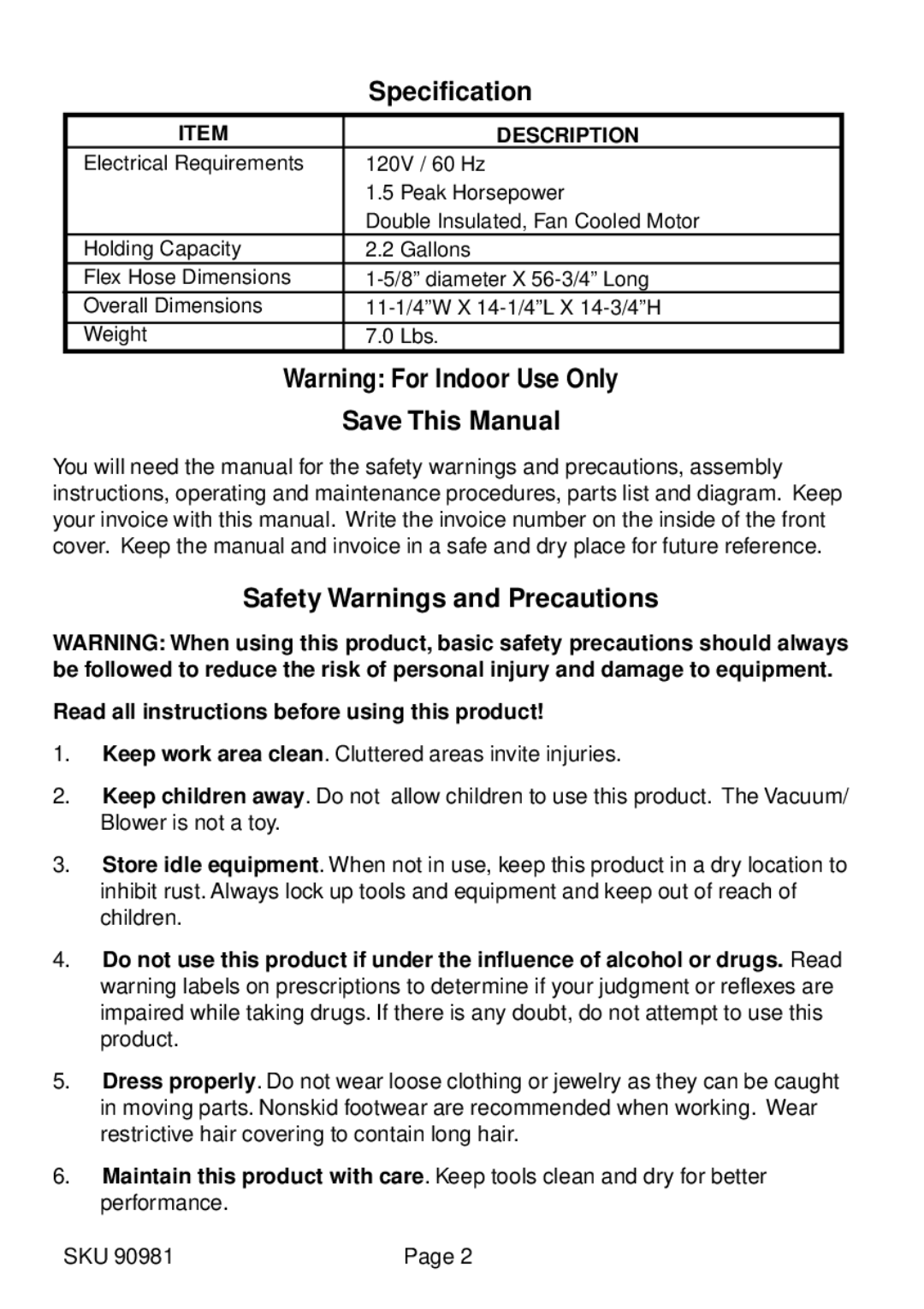 Chicago Electric 90981 manual Specification, Save This Manual, Safety Warnings and Precautions, Description 