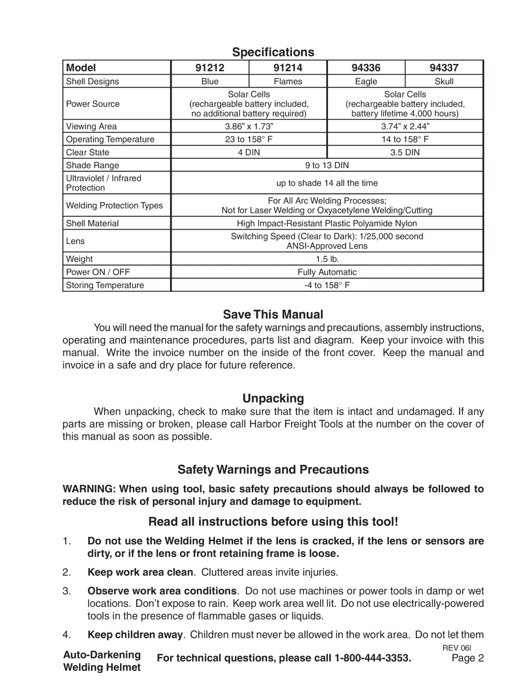 Chicago Electric operating instructions Specifications, Save This Manual, Unpacking, Model 91212 91214 94336 94337 