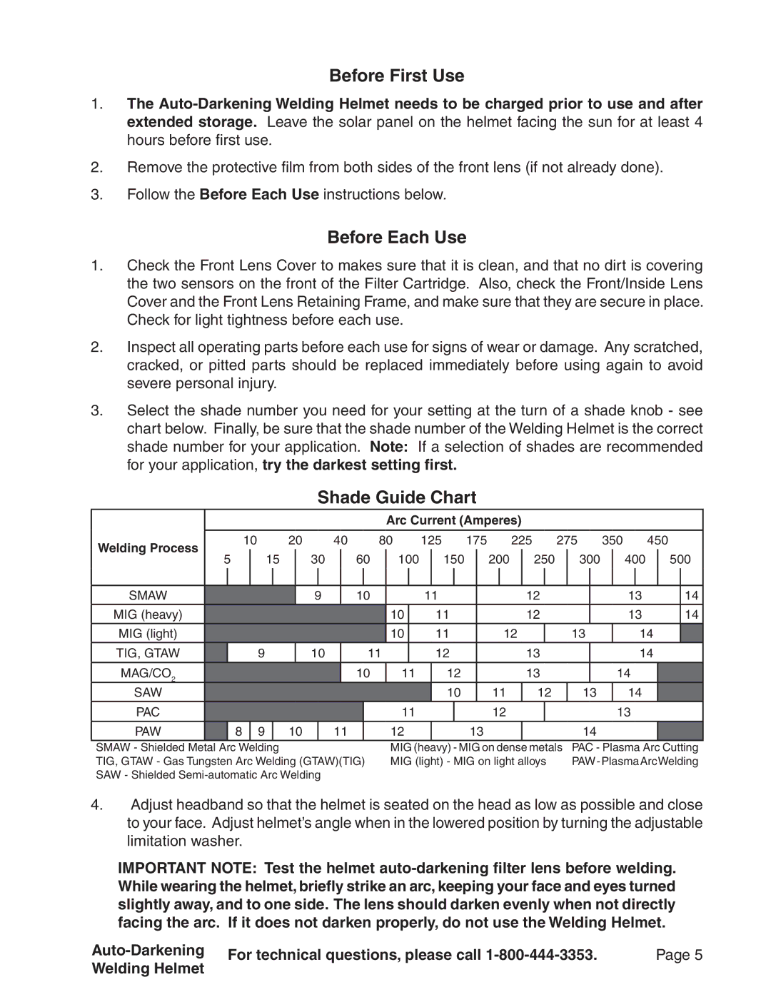 Chicago Electric 91212, 91214, 94336, 94337 operating instructions Before First Use, Before Each Use, Shade Guide Chart 