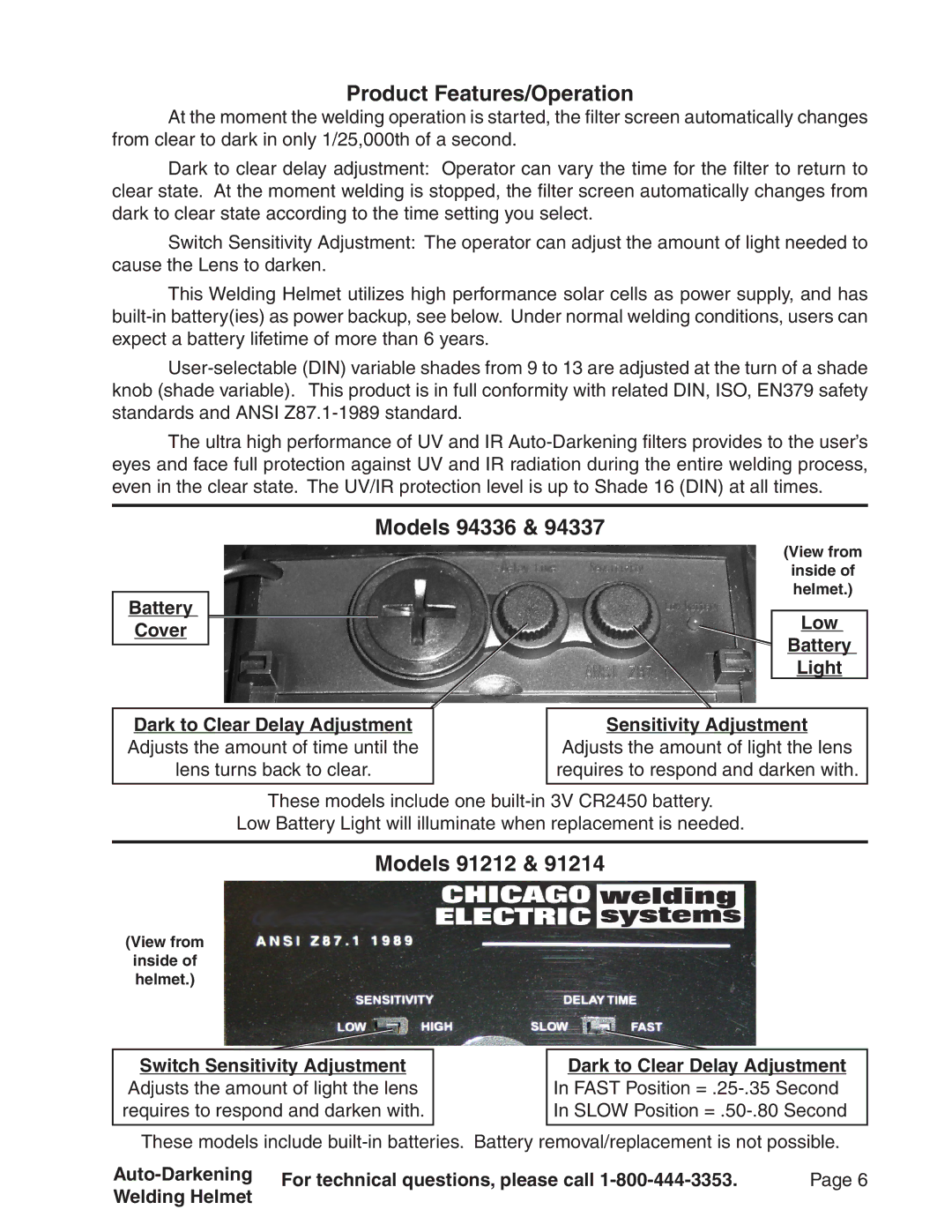 Chicago Electric Product Features/Operation, Models 94336, Models 91212, Low Battery Light Sensitivity Adjustment 