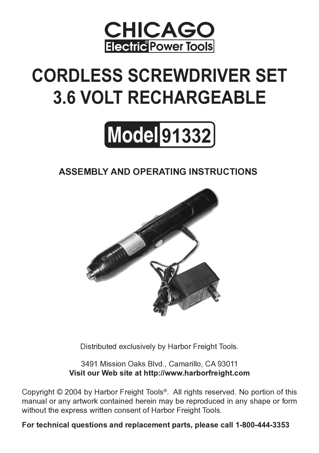 Chicago Electric 91332 operating instructions For technical questions and replacement parts, please call 