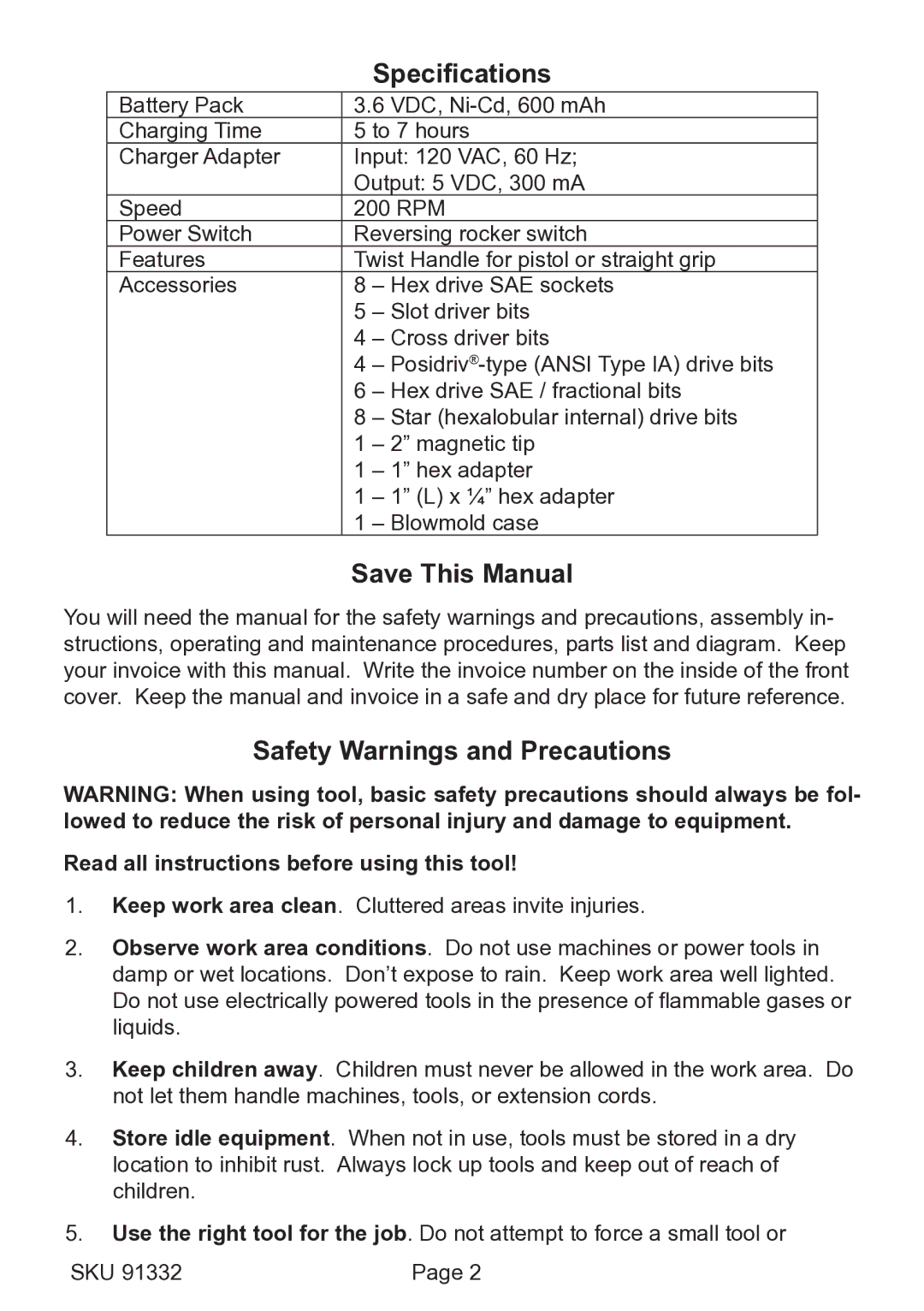 Chicago Electric 91332 operating instructions Specifications, Save This Manual, Safety Warnings and Precautions 