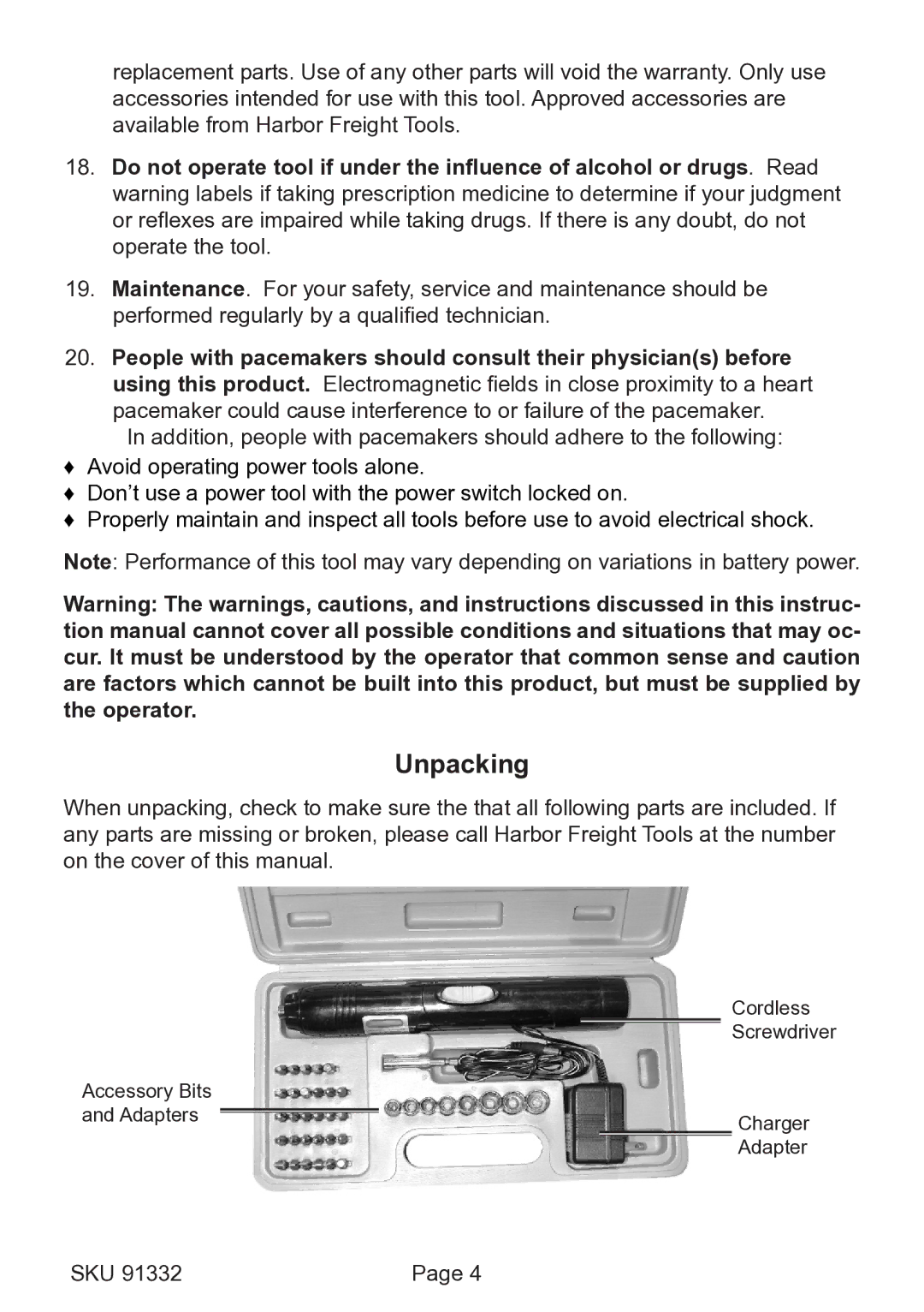 Chicago Electric 91332 operating instructions Unpacking 