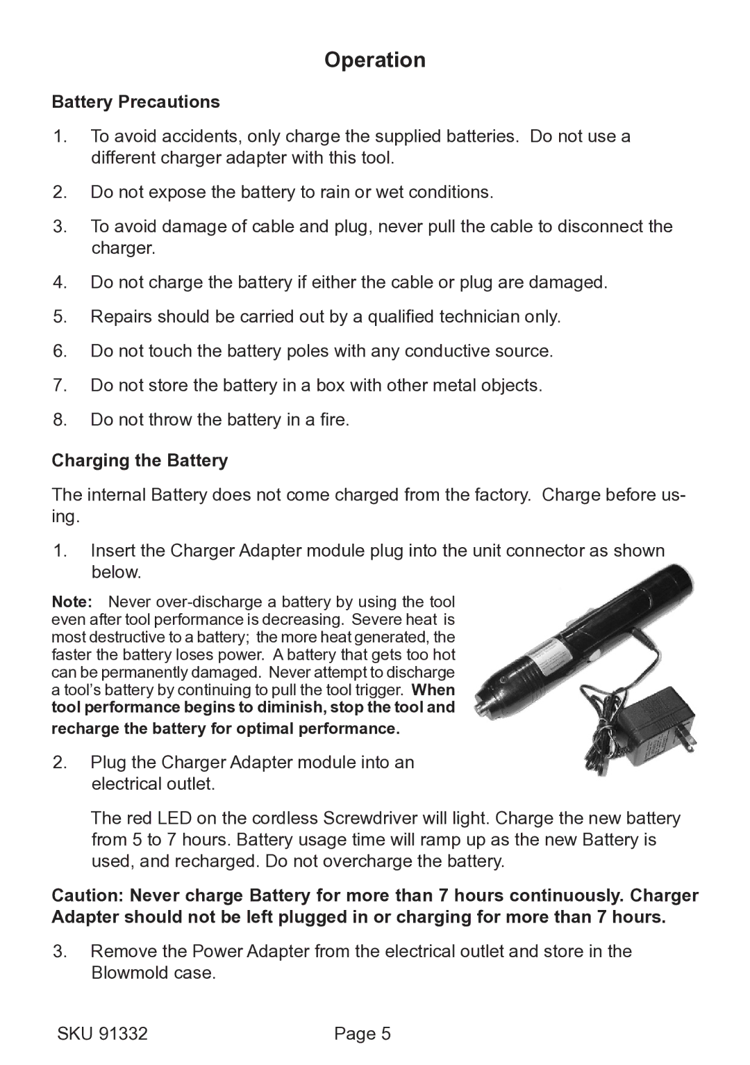 Chicago Electric 91332 operating instructions Operation, Battery Precautions, Charging the Battery 