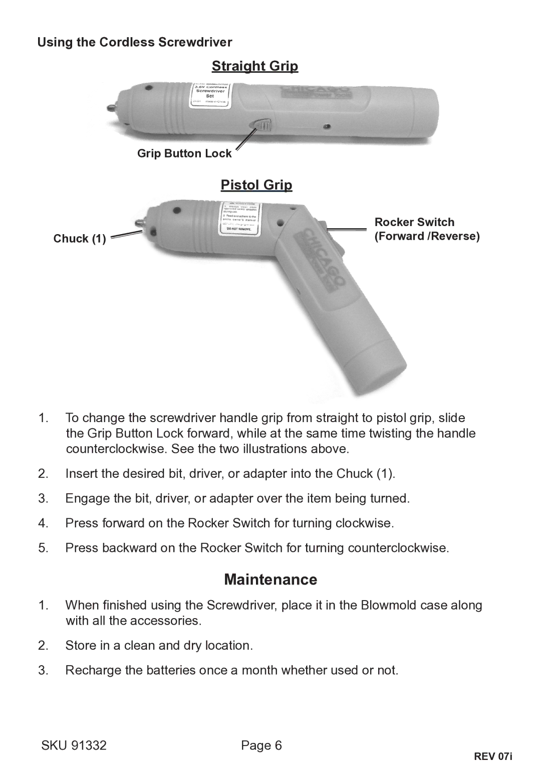 Chicago Electric 91332 operating instructions Maintenance, Using the Cordless Screwdriver 