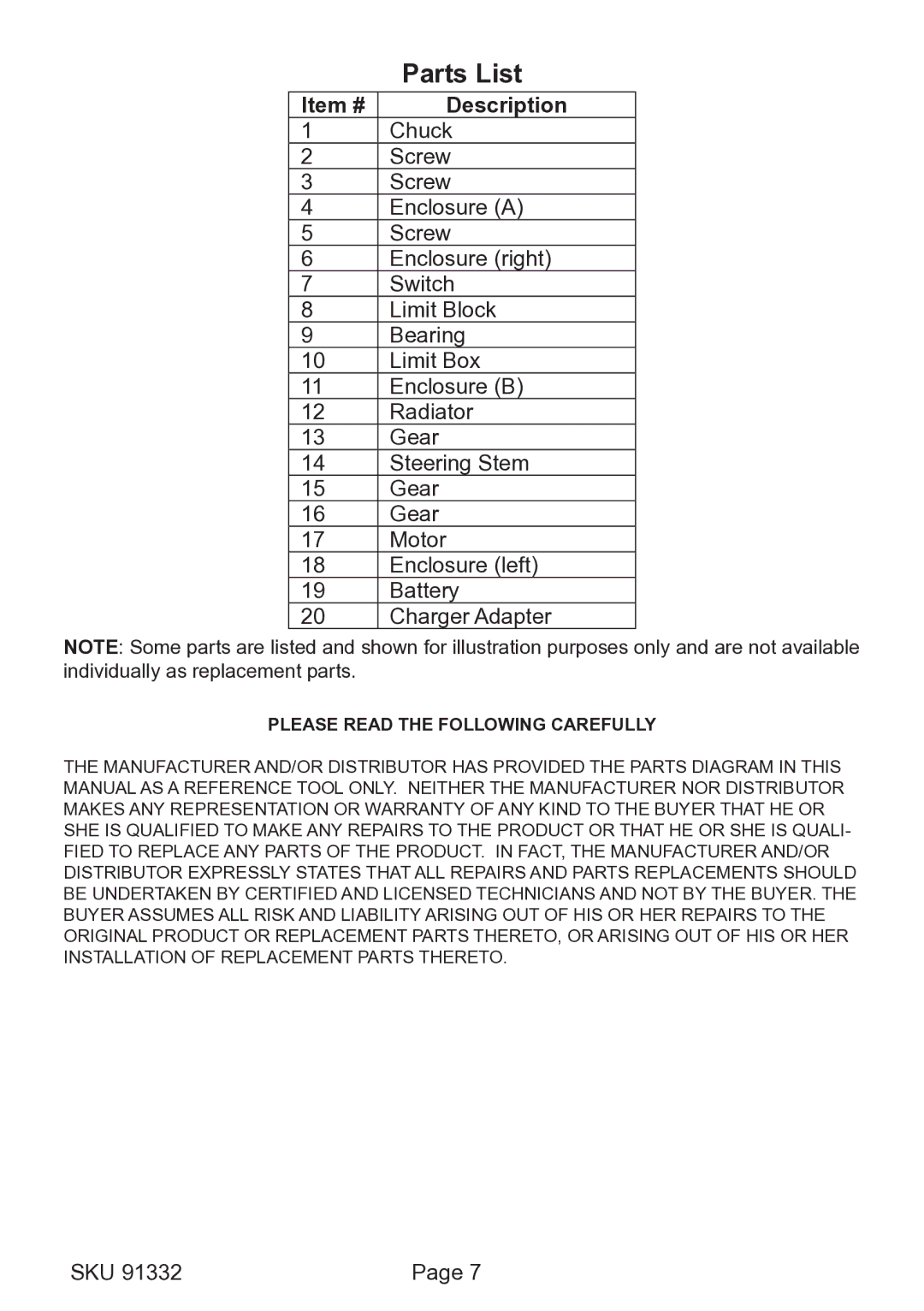 Chicago Electric 91332 operating instructions Parts List, Item # Description 