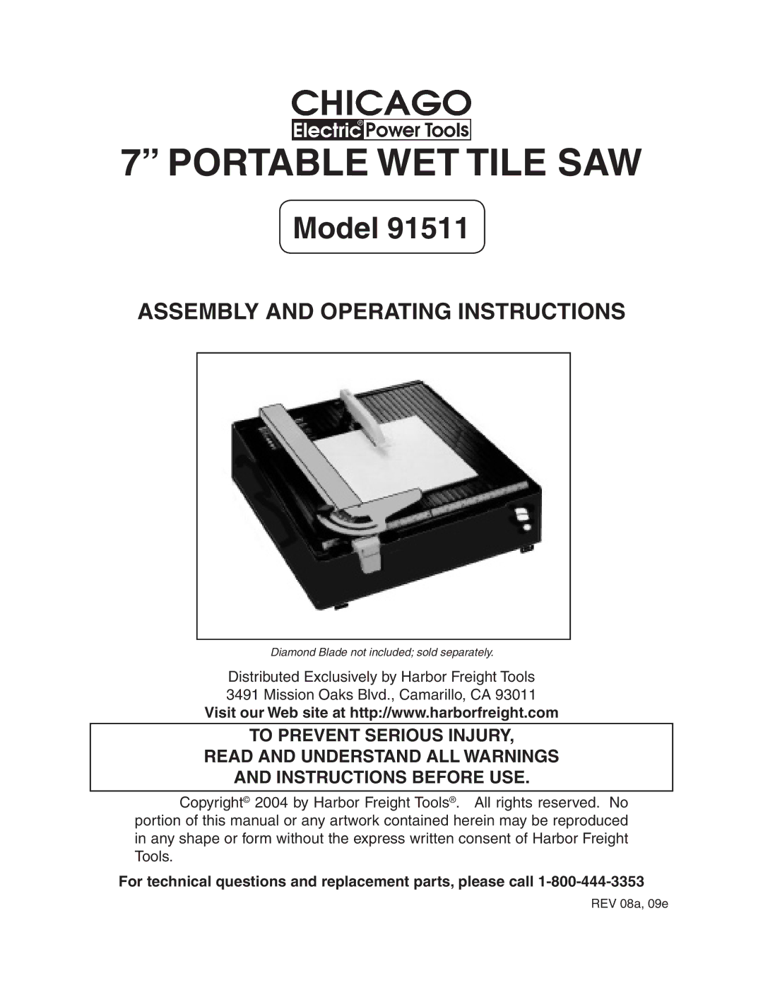 Chicago Electric 91511 operating instructions Portable WET Tile SAW 