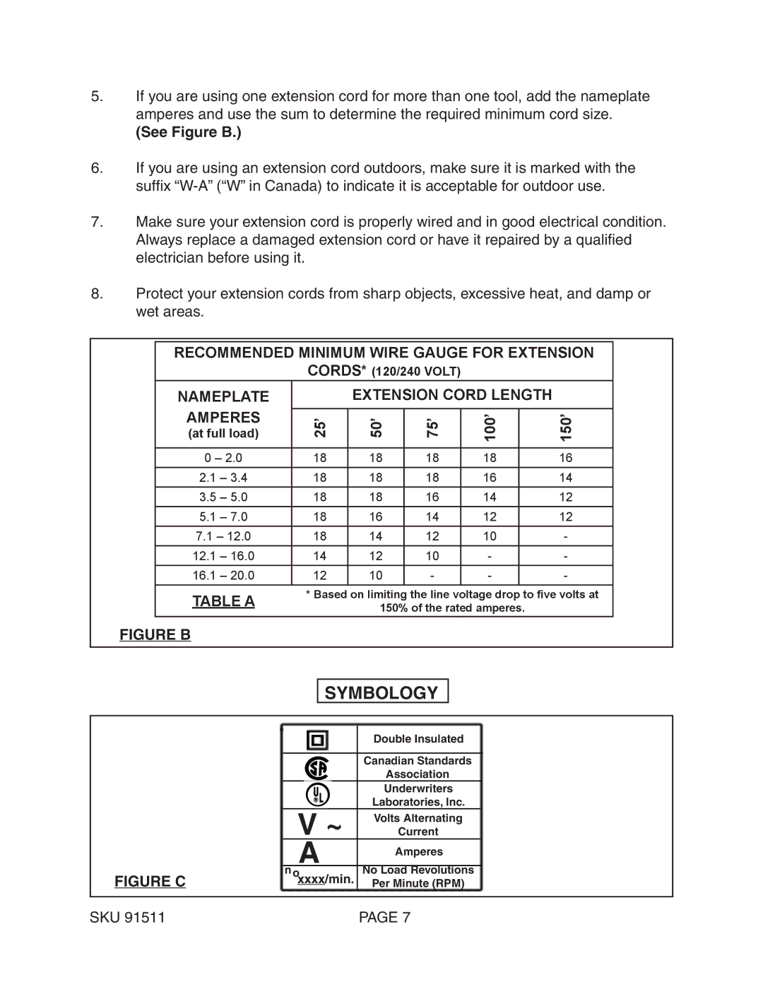 Chicago Electric 91511 operating instructions Symbology, Figure B Extension Cord Length 