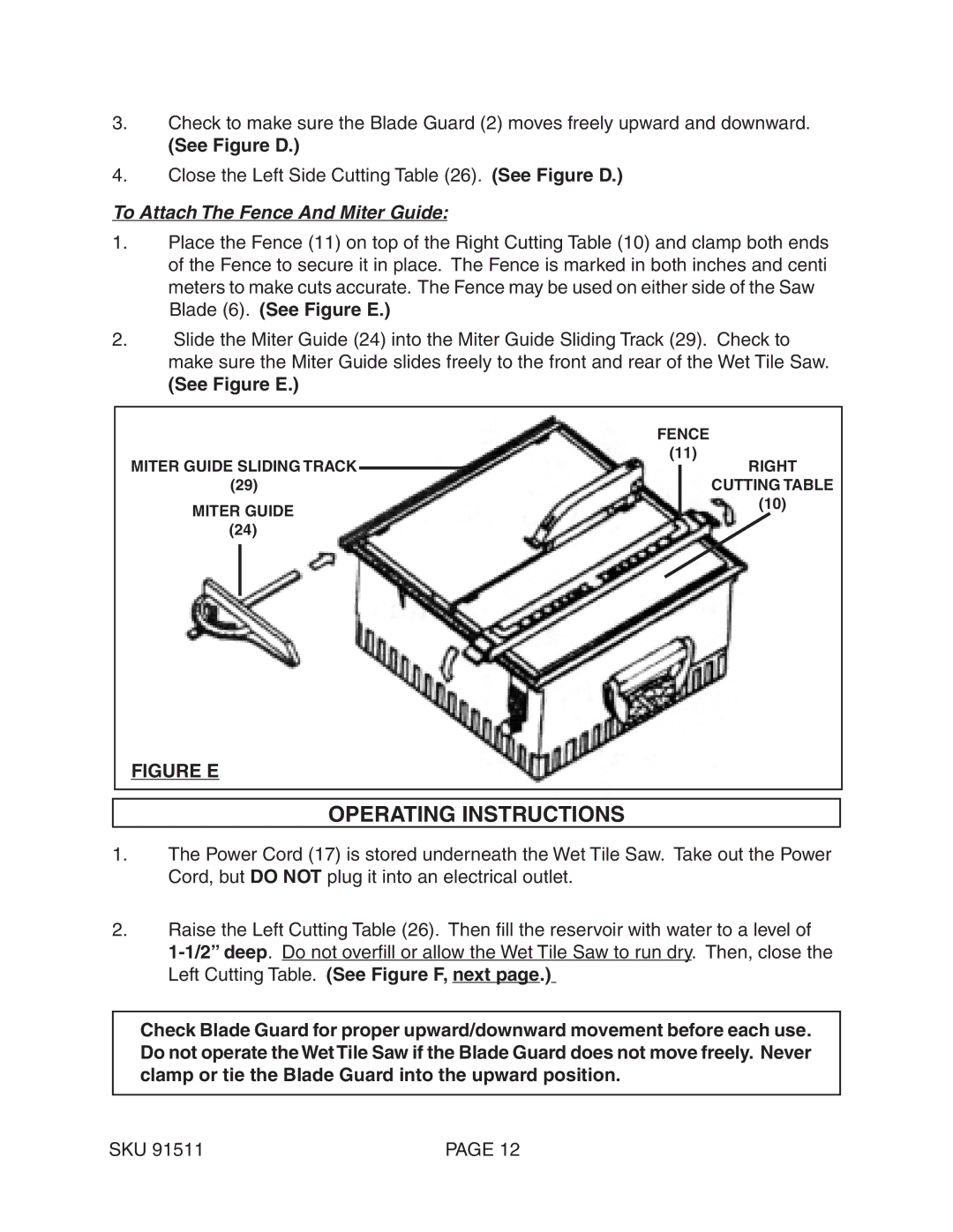 Chicago Electric 91511 operating instructions Operating Instructions, To Attach The Fence And Miter Guide, See Figure E 