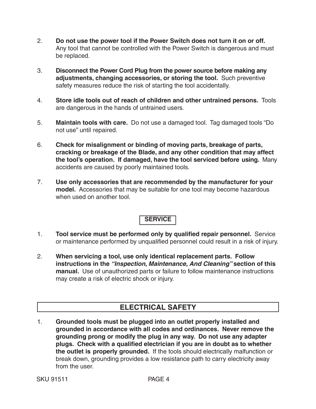 Chicago Electric 91511 operating instructions Electrical Safety, Service 