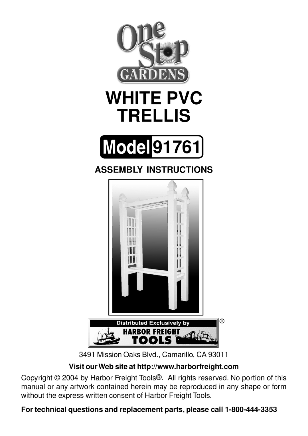 Chicago Electric 91761 manual White PVC Trellis, For technical questions and replacement parts, please call 