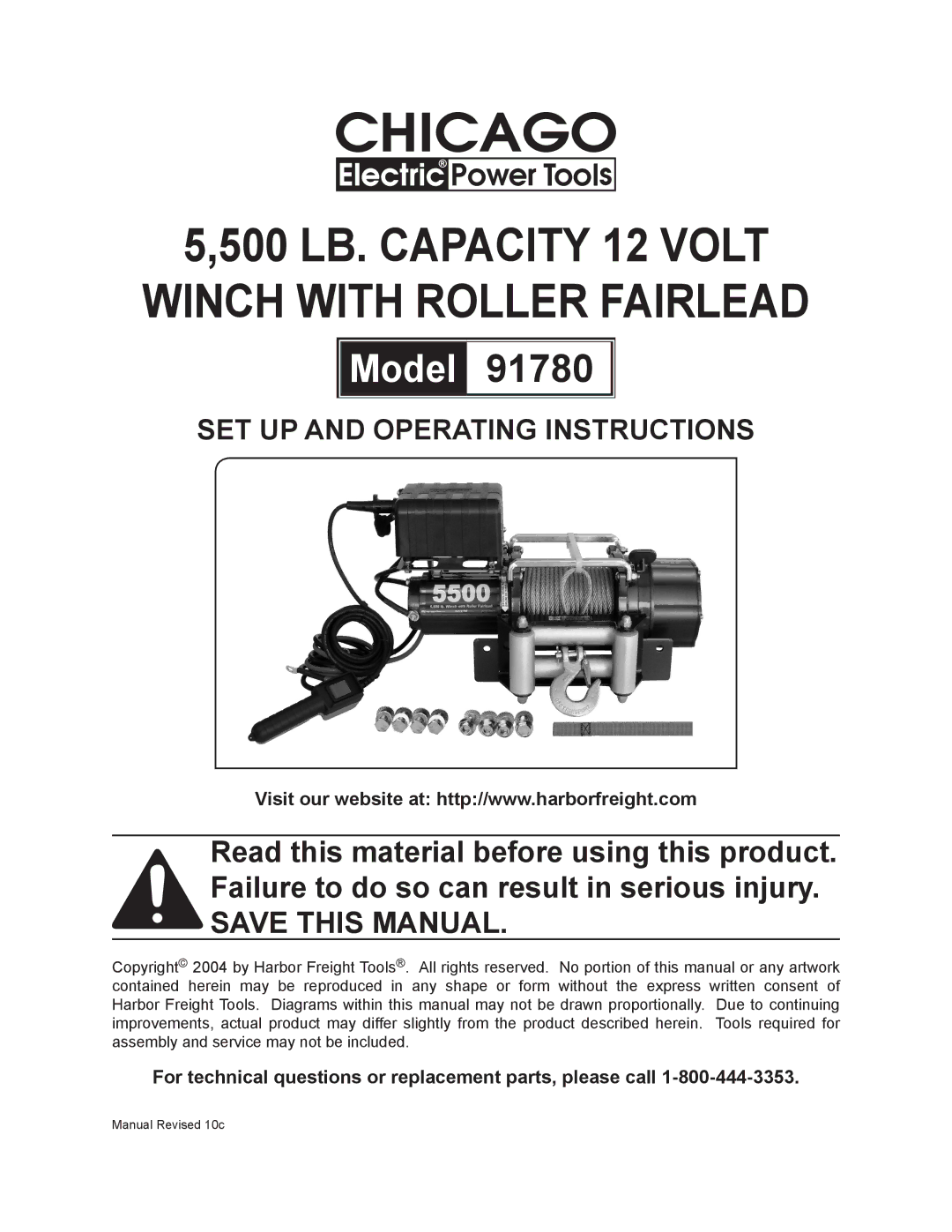 Chicago Electric 91780 operating instructions 500 LB. Capacity 12 Volt Winch with Roller Fairlead 