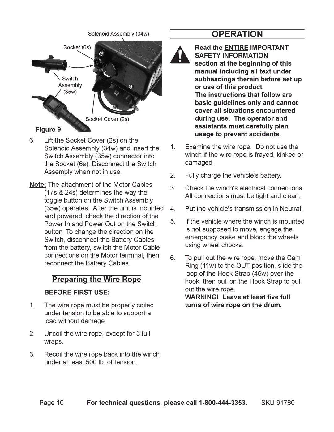 Chicago Electric 91780 operating instructions Operation, Preparing the Wire Rope 