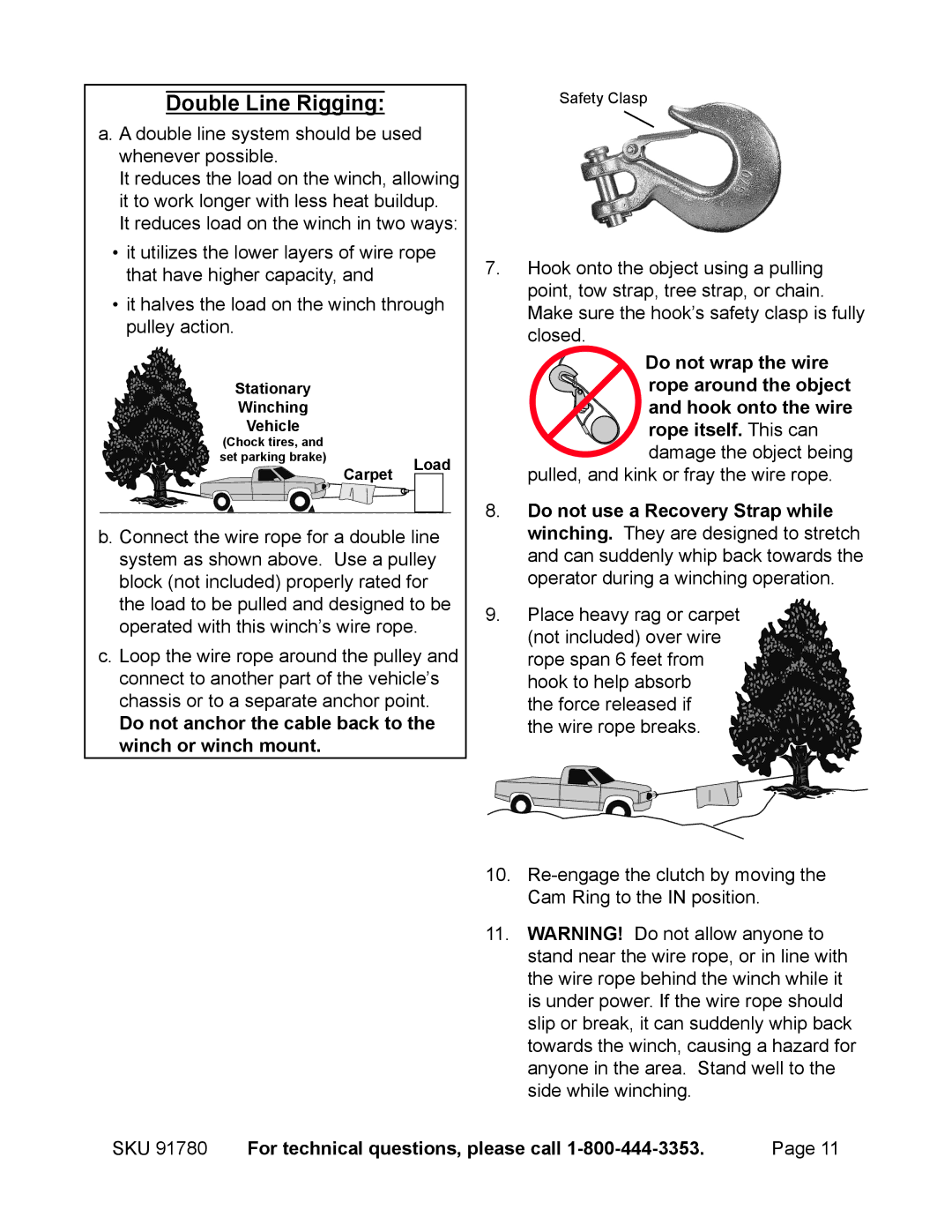 Chicago Electric 91780 operating instructions Double Line Rigging, Do not anchor the cable back to the winch or winch mount 