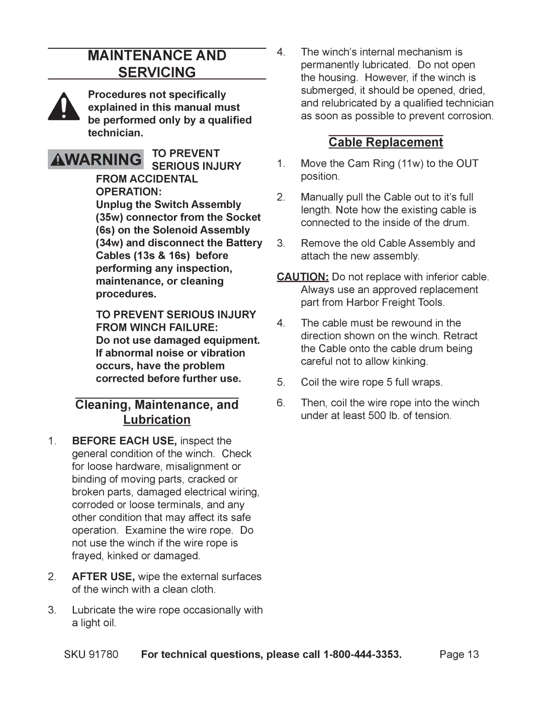 Chicago Electric 91780 operating instructions Maintenance Servicing, Cleaning, Maintenance, Lubrication, Cable Replacement 