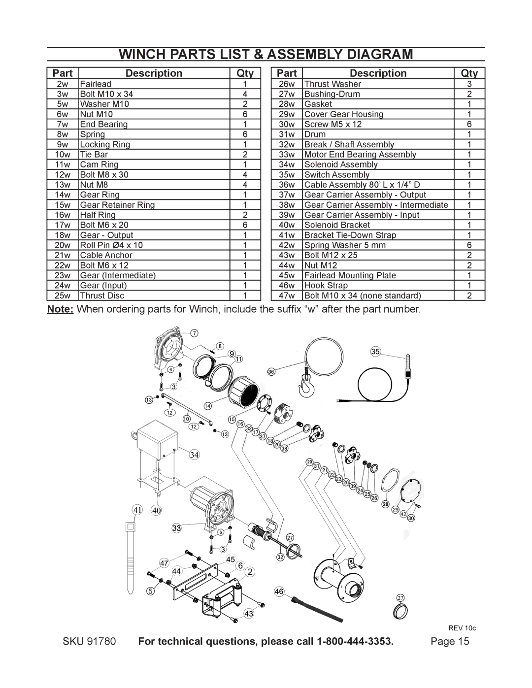 Chicago Electric 91780 operating instructions Winch Parts List & Assembly Diagram, Qty Part Description 