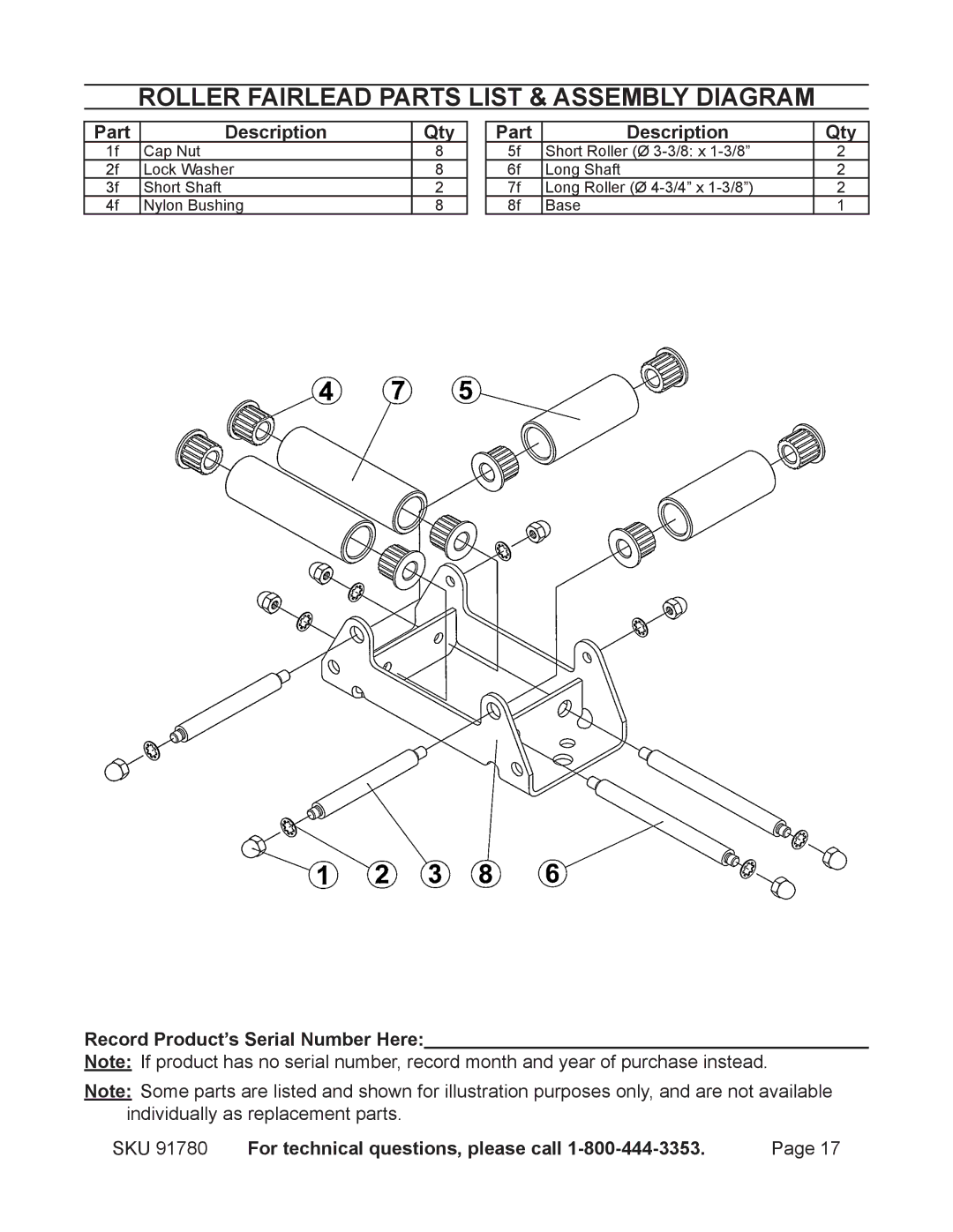 Chicago Electric 91780 Roller Fairlead Parts List & Assembly Diagram, Record Product’s Serial Number Here 