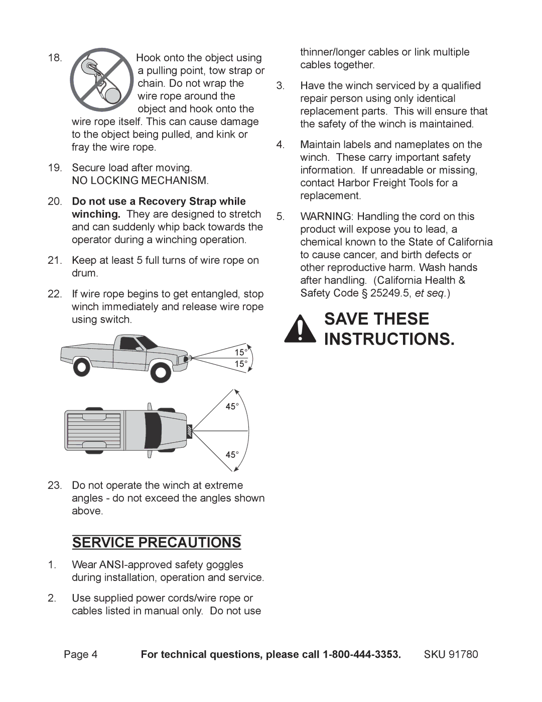 Chicago Electric 91780 operating instructions Service Precautions, No Locking Mechanism 