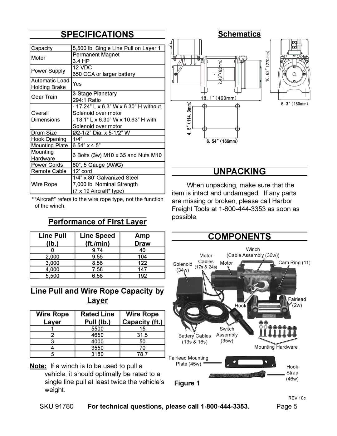 Chicago Electric 91780 Unpacking, Components, Performance of First Layer, Line Pull and Wire Rope Capacity by Layer 