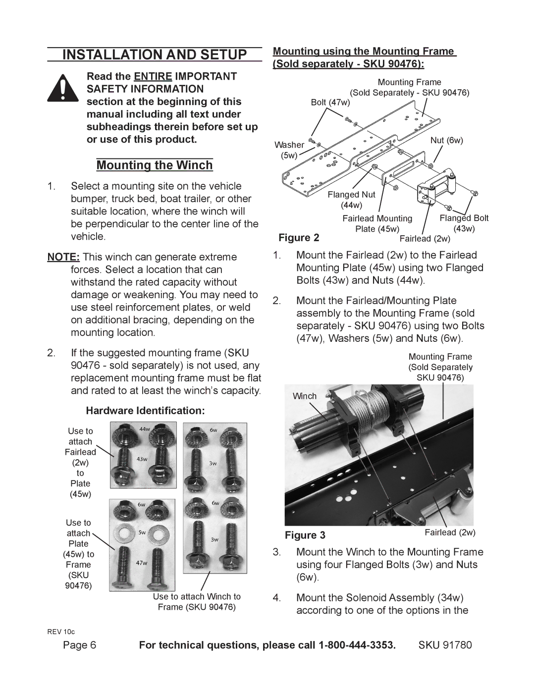 Chicago Electric 91780 operating instructions Installation and Setup, Mounting the Winch, Hardware Identification 