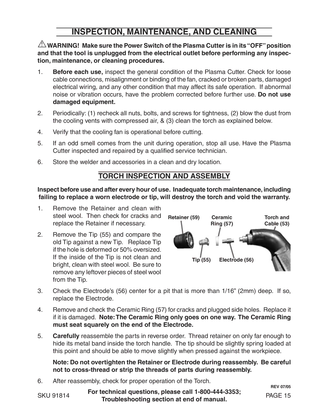 Chicago Electric 91814 operating instructions Torch inspection and assembly 